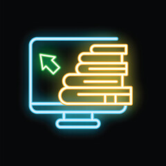 Poster - Neon sign depicting a computer monitor with a stack of books and a cursor, symbolizing online learning and digital libraries