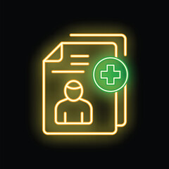 Poster - Neon medical record icon glowing on a black background representing healthcare information management