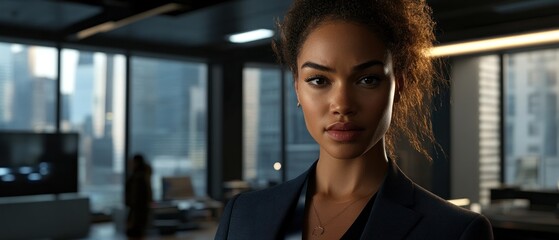 Poster - Professional woman in a modern office with a city view