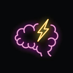 Poster - Neon sign is glowing brightly, depicting a brain with a lightning bolt flashing through it, symbolizing a sudden idea or moment of inspiration