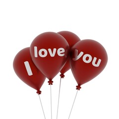 Poster - Four shiny red balloons with the words I love you on a white background, 3d rendering