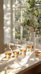 Poster - Stunning glass vessels capture sunlight, showcasing their intricate designs. They reflect warmth and elegance while resting on a wooden surface adorned by natural greenery