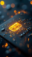 Poster - A sleek futuristic bank card takes center stage, adorned with intricate detailing. Water droplets glisten on its surface, illuminated by warm light, creating a mesmerizing atmosphere