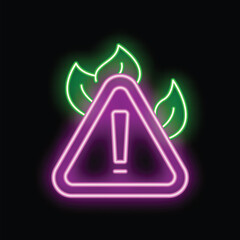 Poster - Neon sign showing a warning sign with leaves growing behind it, on a black background