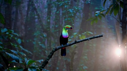 Poster - A surreal image of a toucan with rainbow-colored feathers glowing faintly in a misty twilight jungle setting.
