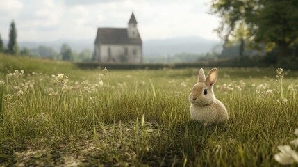 cute bunny rabbit in a field with a church in the background.