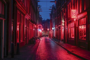 Poster - A street at night illuminated by red neon lights, red light district, AI generated, AI generated