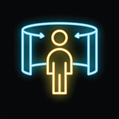 Poster - Neon sign of a person standing inside of an augmented reality simulation, with arrows indicating movement