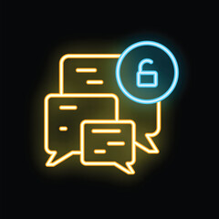 Wall Mural - Neon icon of an unlocked padlock over speech bubbles representing data security