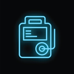 Poster - Blue glowing neon icon of a medical device measuring blood pressure showing heartbeat rate on black background