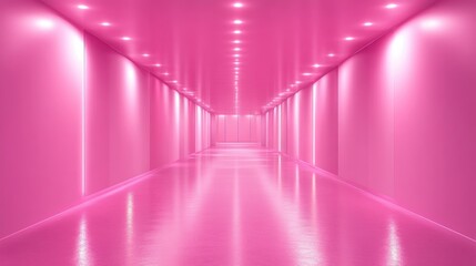 Wall Mural - Pink illuminated corridor with glossy floor.