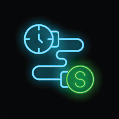 Poster - Neon sign depicting the concept of time and money with a winding path connecting them