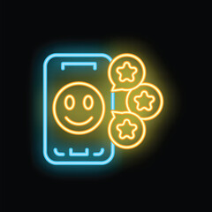 Poster - Neon glowing icon of a smartphone displaying a feedback survey with a positive rating