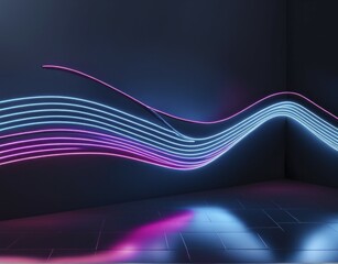 Wall Mural - Glowing neon waves of blue and pink lights in a dark room creating a futuristic atmosphere, AI generated