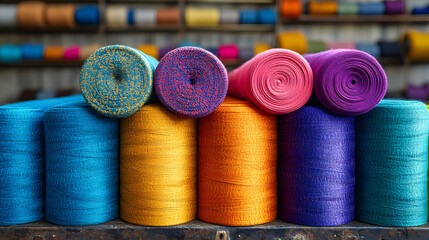 Poster - Vibrant rolls of thread in various colors arranged neatly, showcasing a rich palette suitable for crafting and sewing projects