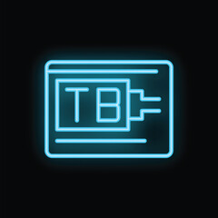 Poster - Glowing blue neon icon of external hard drive or flash drive showing data storage capacity, isolated on black background