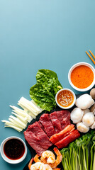 Wall Mural - A colorful assortment of fresh ingredients including meats, seafood, and vegetables arranged on a surface, ready for cooking or meal preparation.