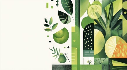 Poster - Abstract Green Fruit and Leaf Design with Geometric Shapes and Patterns