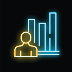 Poster - Neon glowing icon of a businessman analyzing a growing bar chart, representing business success