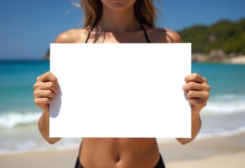 Wall Mural - A beautiful woman in swimsuit holding a blank white sign for mockup, blurred beach background