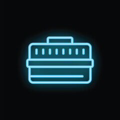 Poster - Blue neon icon of toolbox glowing on dark background representing construction and repair work