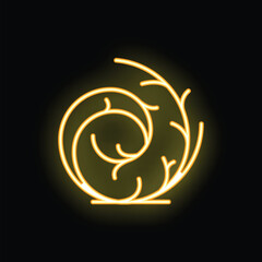 Poster - Bright yellow neon sign depicting a stylized floral ornament, glowing on a black background