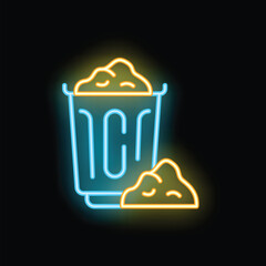 Poster - Blue neon trash can overflowing with garbage symbolizing waste and disposal