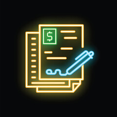 Poster - Neon sign representing the signing of financial documents, featuring a pen and dollar symbol, ideal for business and finance themes