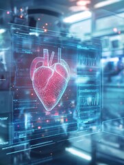 Poster - Glowing cardiovascular medical hud screen on blurry hospital interior background. Online medicine, cardiology and health concept. Double exposure