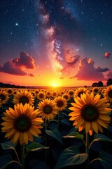 Wall Mural - Sunset in a sunflower field with the Milky Way above, nature, sunset, night