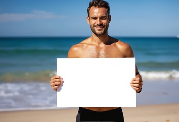 Wall Mural - A beautiful man in swimsuit holding a blank white sign for mockup, blurred beach background