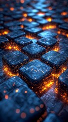 Poster - Interconnected blocks resembling digital blockchain structure glow with warm light, symbolizing data exchange and security. The intricate design reflects advanced technology and innovation