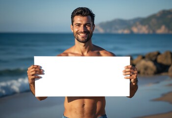 Wall Mural - A beautiful man in swimsuit holding a blank white sign for mockup, blurred beach background