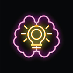 Poster - Neon sign depicting a brain with a light bulb at its center, symbolizing the emergence of a new idea