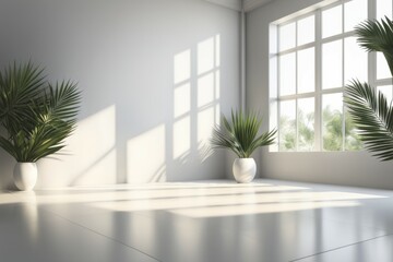 Wall Mural - Bright and minimalist room with large windows and potted plants casting soft shadows, AI generated