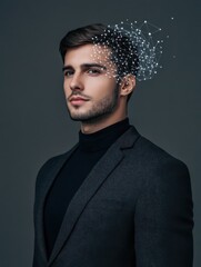 Poster - Portrait of attractive young european businessman with abstract polygonal brain on gray background with mock up place. Brainstorm, AI and machine learning concept