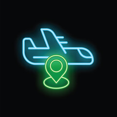 Poster - Neon sign of a passenger airplane flying over a map pin, representing the concept of travel destination