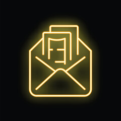 Poster - Neon yellow open envelope containing documents icon on black background