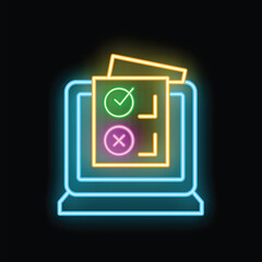 Poster - bright neon icon depicting an online survey on a laptop screen, with checkmarks indicating completed