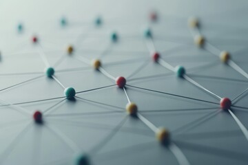 Poster - Colorful dots on a gray background show a network of connections highlighting interconnectedness and communication, network of connections with icons on gray background