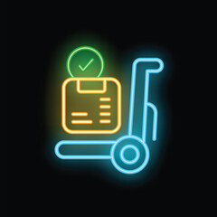 Poster - Neon glowing icon of a hand truck carrying a package with a green check mark, symbolizing successful delivery