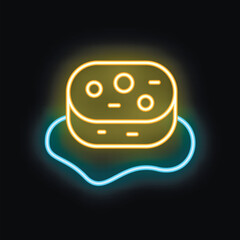 Poster - Neon sponge for washing dishes lying in a puddle of water, cleaning service, housework concept