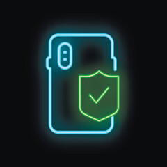 Poster - Neon icon of a smartphone with a shield and check mark, representing mobile security