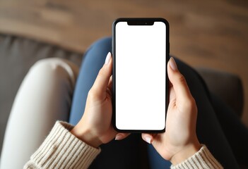 Poster - Top view Woman sitting and holding blank screen mock up mobile phone
