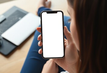Poster - Top view Woman sitting and holding blank screen mock up mobile phone