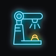 Poster - Blue and yellow neon icon of a robotic arm picking up a microchip on a dark background