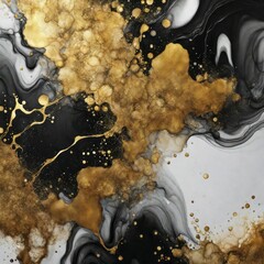 Aufkleber - Abstract painting with flowing gold patterns and black and white swirls, creating a dynamic and vibrant marble effect, AI generated