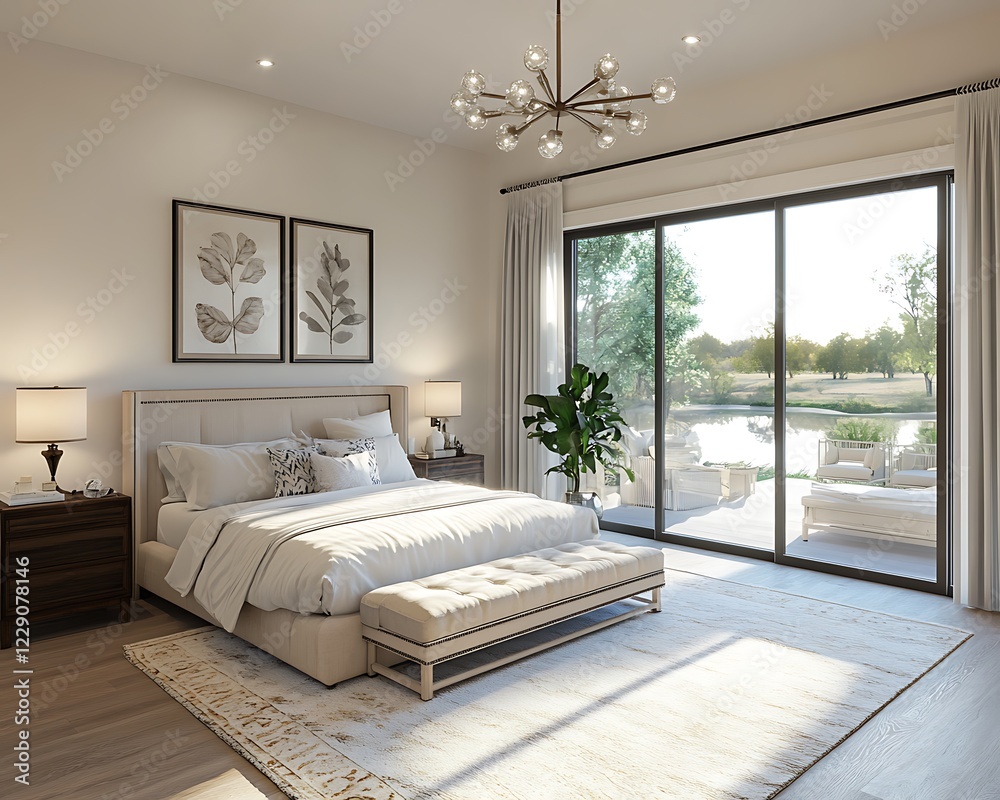 Open-concept master bedroom with sliding glass doors to a private patio ...