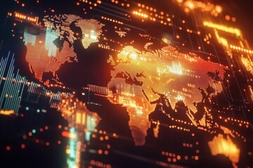 Poster - Global data analytics visualization showcasing statistics and trends across digital platforms, Global data analytics and statistics over digital interface with charts and graphs