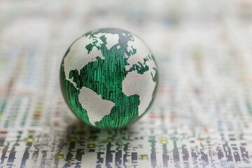 Poster - Digital data processing represented on globe depicting global connectivity and technology advancement, digital data processing over globe